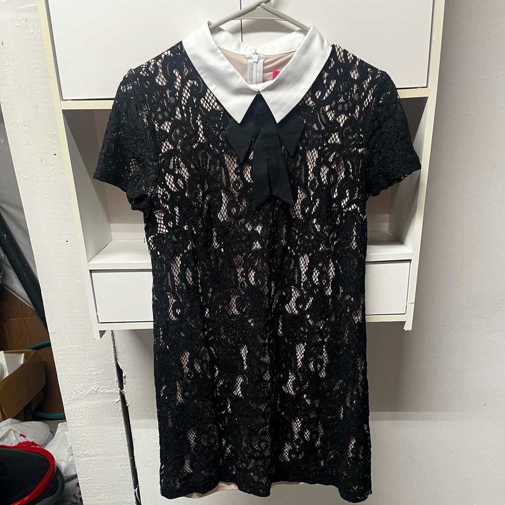 Betsey Johnson Black Lace Mini Dress with White Collar - Picture 2 of 7